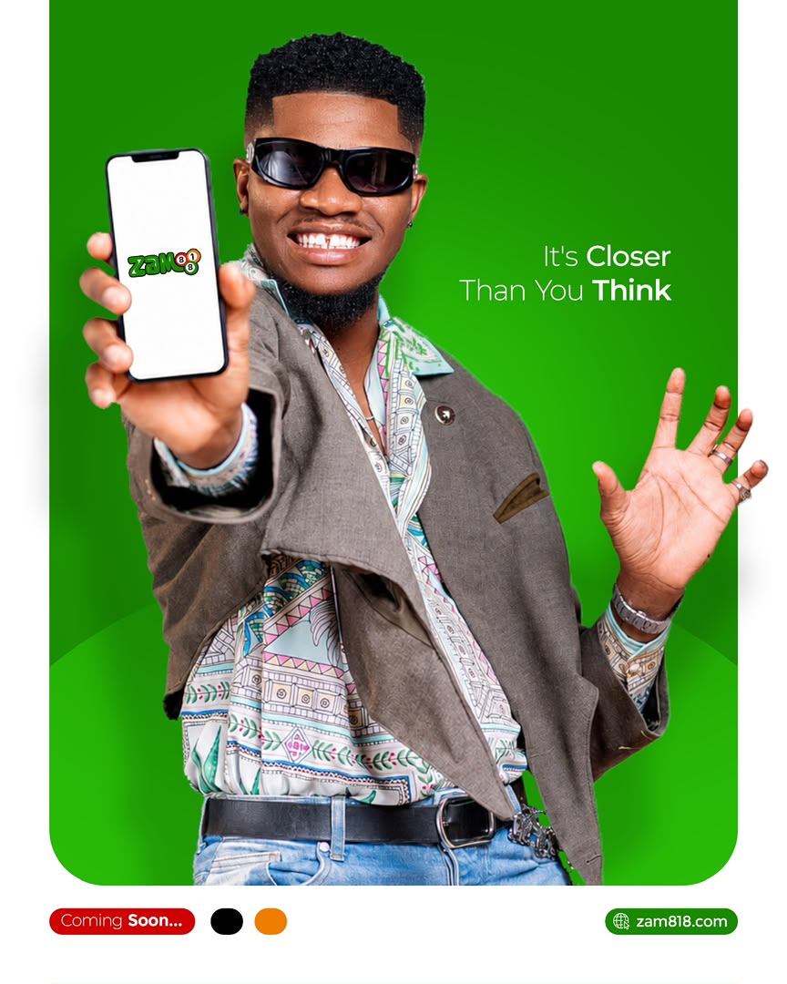 ZAM818 campaign artwork featuring a player holding a phone with the ZAM818 logo